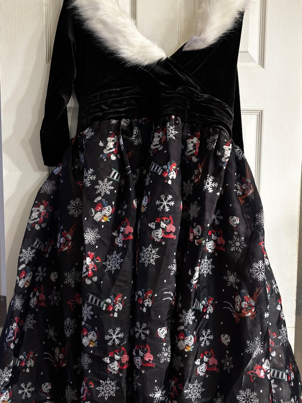 Unique Vintage Disney Black Holiday Dress with White Faux Fur Collar